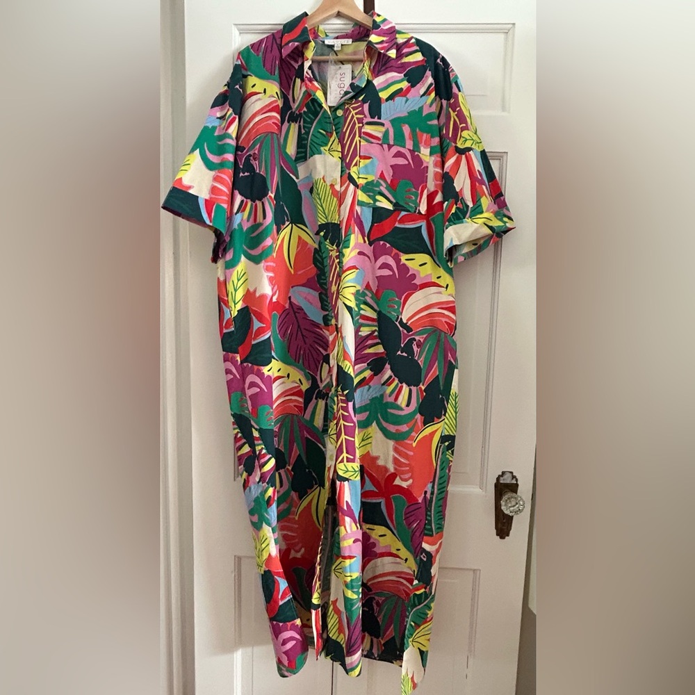 Karlie Multicolor Tropical Leaf Poplin Dress Size Large NWT